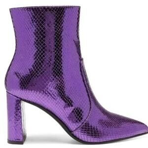 INC ANILAF PURPLE METALLIC SNAKE PRINT CHUNKY HEEL BOOTIE NIB SZ 7.5